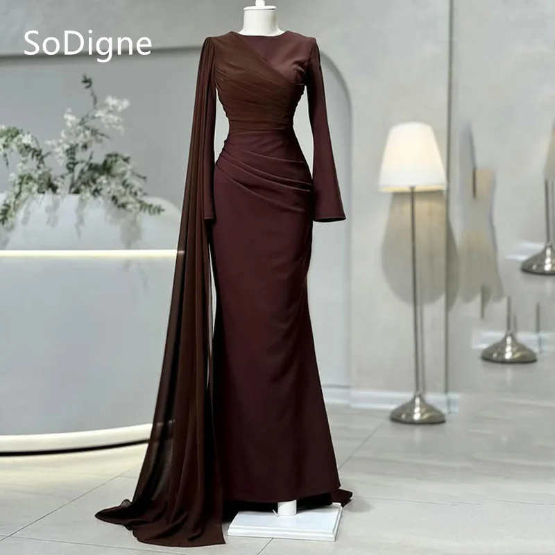 

SoDigne Elegant Evening Dresses O-Neck Full Sleeves Pleats Ribbons Party Dress Simple Sheath Mermaid Prom Gowns Customized