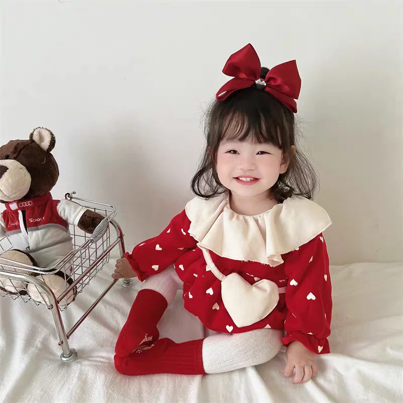 

HY22381 Korean Style Princess Suit for Baby Autumn Winter Fleece Lined Warm Romper Baby Clothes Footless Bodysuit Infant Fashion