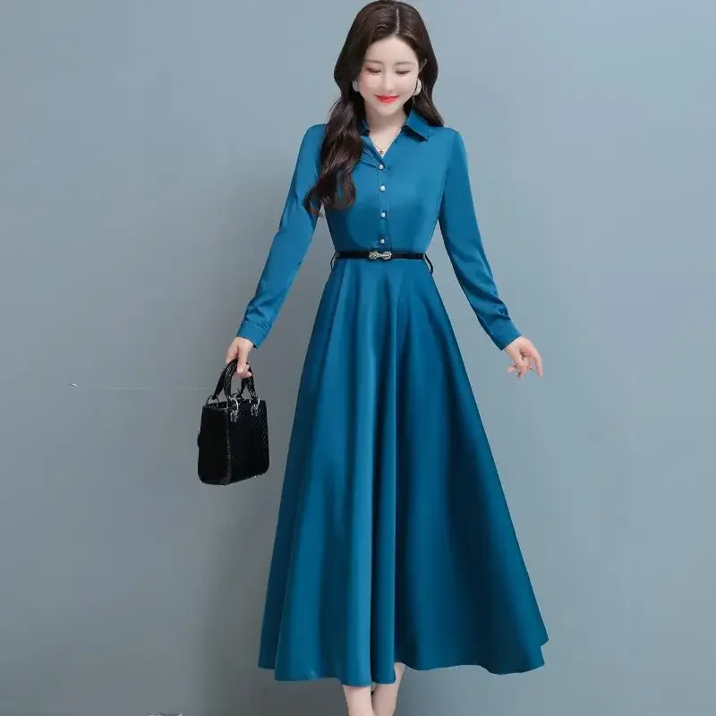 

Элегантные модные новые офисные женские однотонные платья с отложным воротником приталенный пояс с длинным рукавом женская одежда E4065