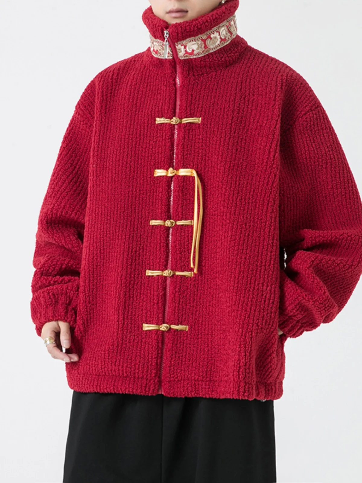 

Lamb Fur Jaet Men's Winter Wheat Spike Button Stand Collar Trendy Large Cotton Padded Tang Costume Buddhist Robe