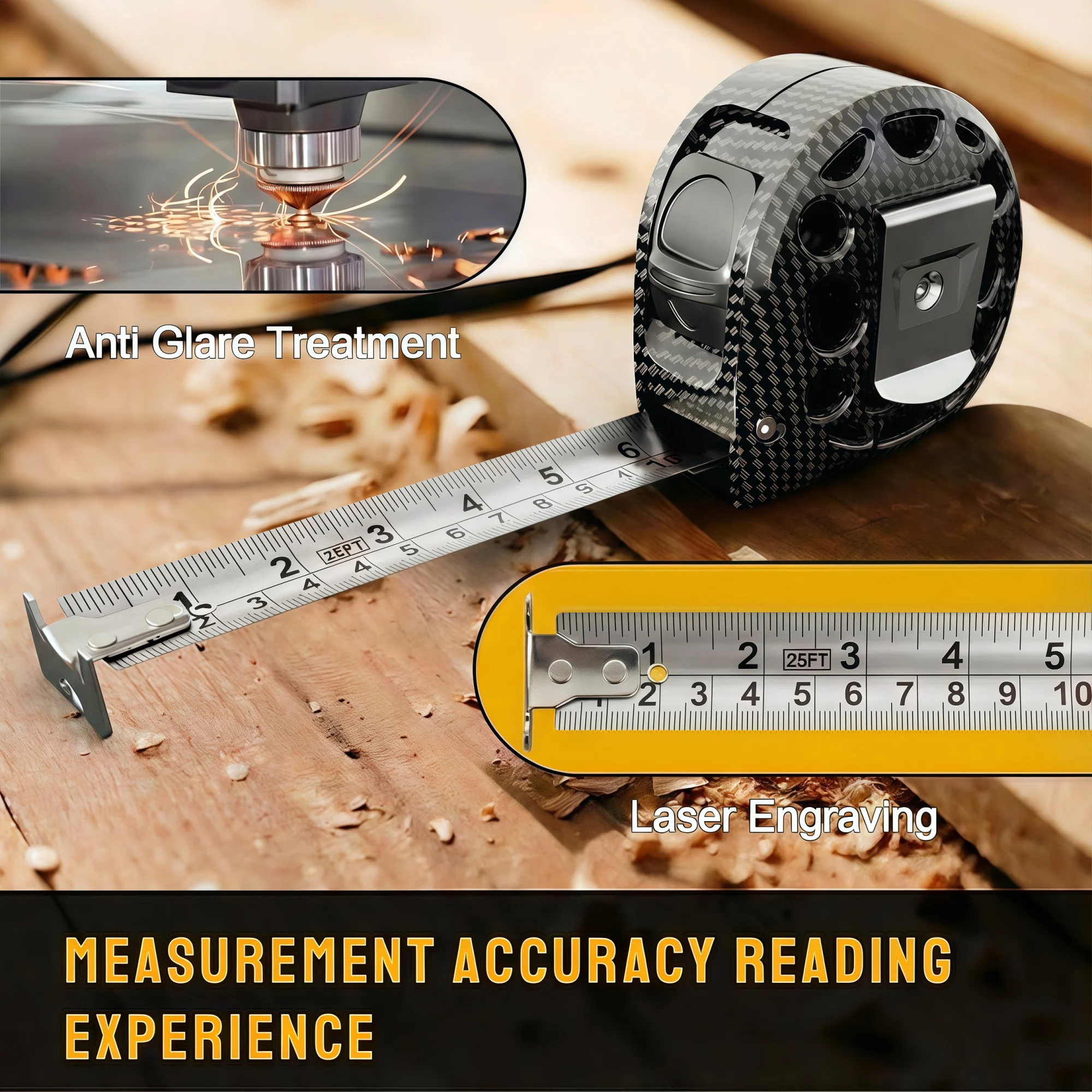 PROBON Carbon Fiber Tape Measure - Waterproof, Dual Metric/Imperial, High Precision, Wear-Resistant, with Clip & Carabiner