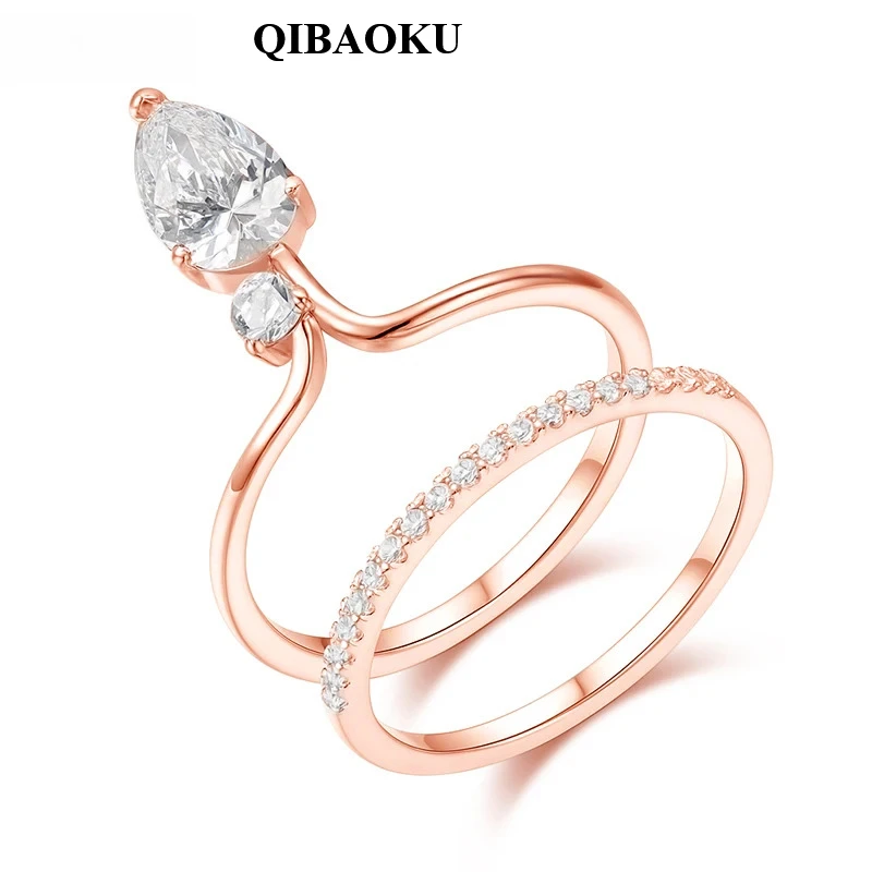 QIBAOKU Rose Gold Color Pear Cut All Moissanite Women Ring Jewelry Sets 2pcs Lab Diamond S925 Sterling Silver Girls Band 2026