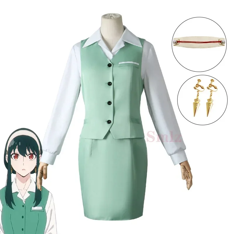 Anime Spy X Family cosplay Yor Forger green Dress Cosplay work clothes Yor Briar vest skirt Earring Headband wig set