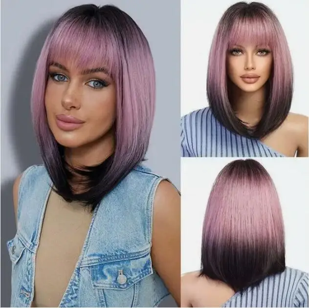 

Sexy Women Ombre Pink Black Short Bob Straight Wigs With Bangs Synthetic Silky