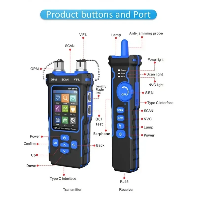 NOYAFA-Network Cable Tester, LAN Optical Power Meter, LCD Display, Measure Length, Wiremap Tester, Cable Tracker, NF-8508