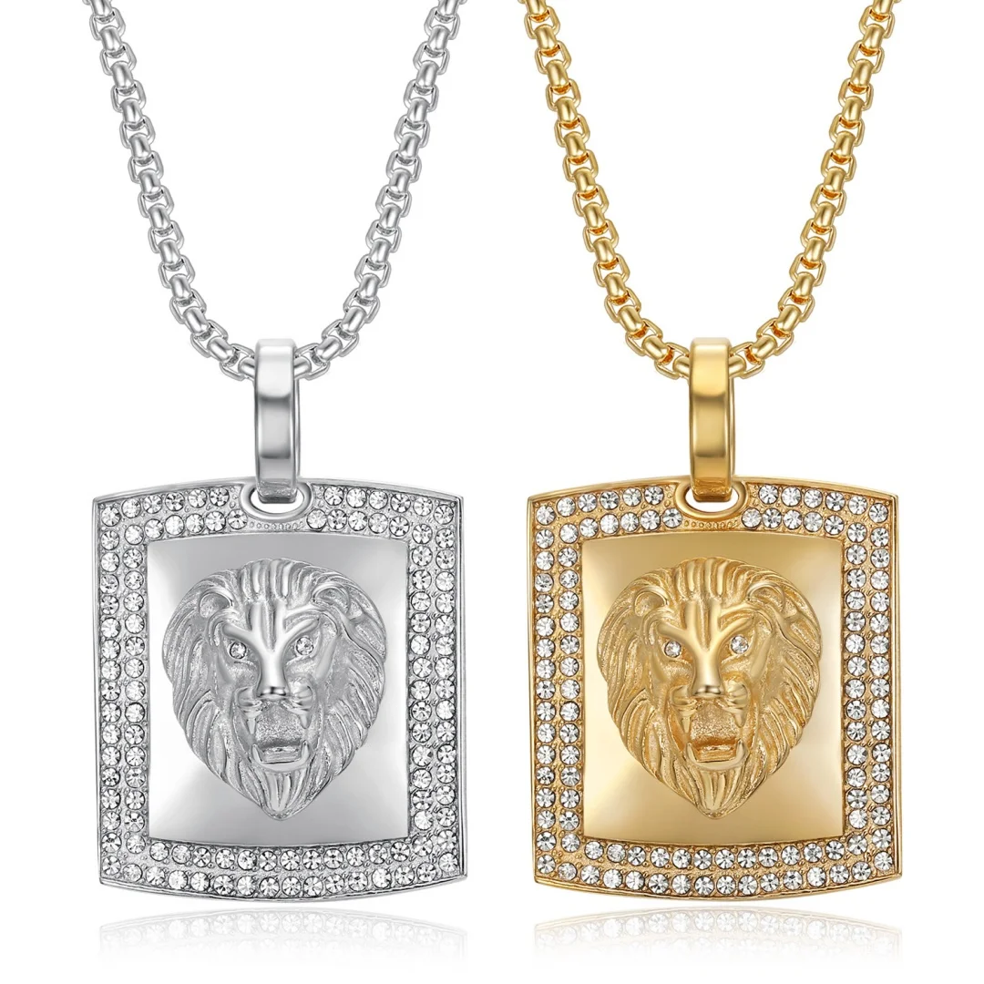 

Hiphop Iced Out CZ Lion Head Pendant Male Gold Silver Color Stainless Steel Zirconia Animal Square Necklace for Man Jewelry Gift