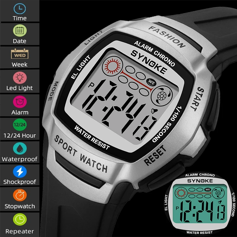 Synoke Shockproof Men's Digital Sport's Watches Fashion PU Strap 50M Waterproof Led Chronograph Alarm Clock 12/24 Hour