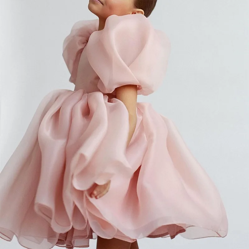 Fashion Girl Princess Vintage Dress Tulle Child Vestido Puffy Sleeve Pink Wedding Party Birthday Tutu Dress Child Clothes 1-14