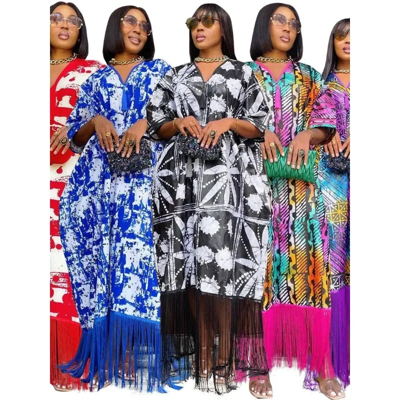 Sukienki Plus Size Damskie Nowości na Lato Dekolt V Krótki Rękaw Luźna Sukienka Maxi z Frędzlami Hurt Dropshipping 2025