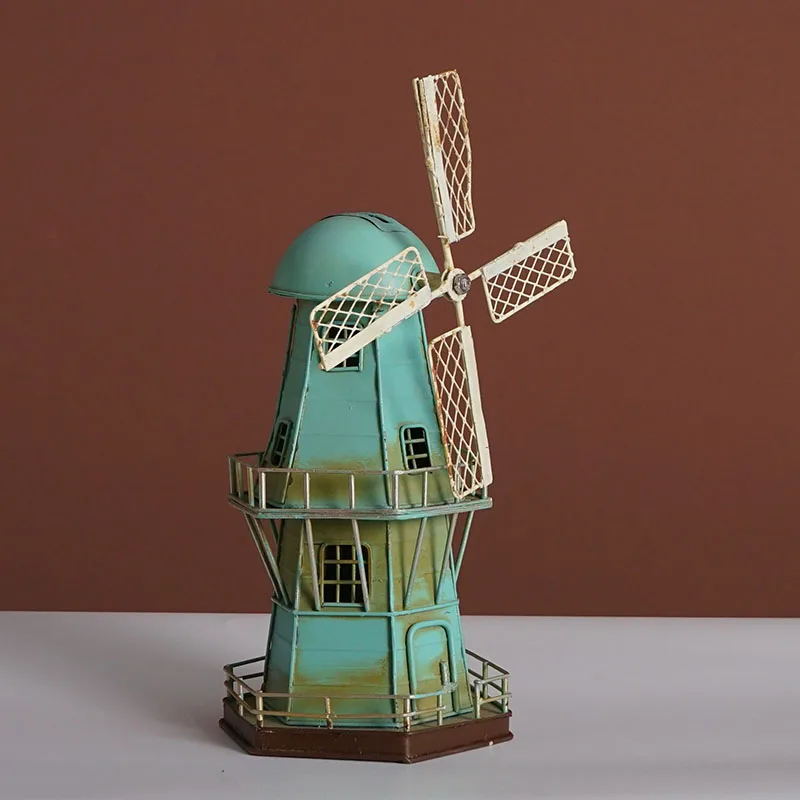 Retro Iron Windmill Sculpture for Desk Decoration • Handcrafted Vintage Office Study Ornament • Wine Red Lake Blue White Options