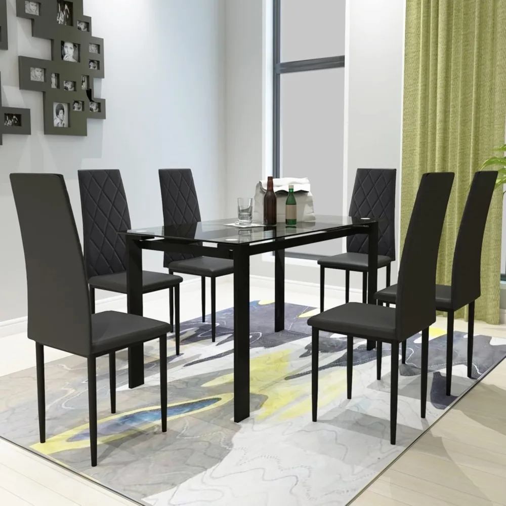 

Dining Table Set with 6 Clean-Cutting Faux Leather Chairs, Simple Style Table with Tempered Glass Top for Kitchen