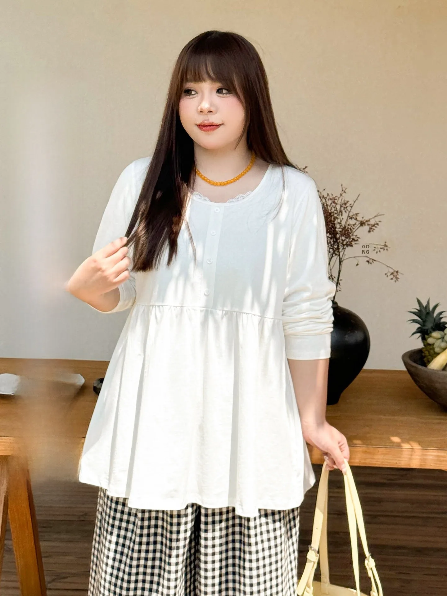 

plus Size Women's Sweet Lace Trim Doll Shirt Long Sleeve Spring Summer Cover Belly Top Comfortable Breathable Cotton Blend