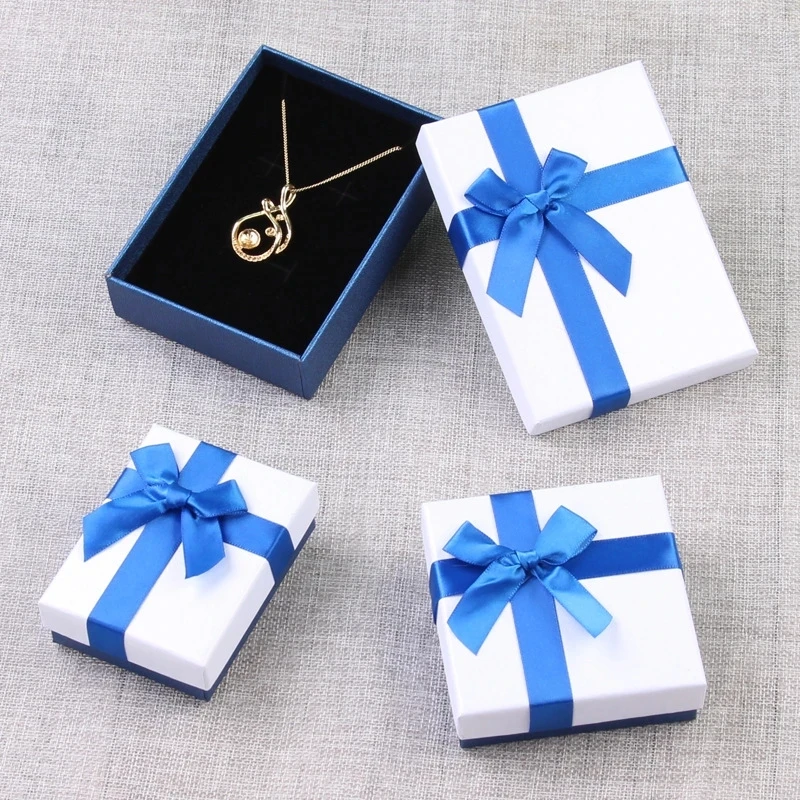 Newest 24pcs Cardboard White Box with Blue Bow Jewelry Boxes Package Box For Earrings Square Display Holder Gift Box