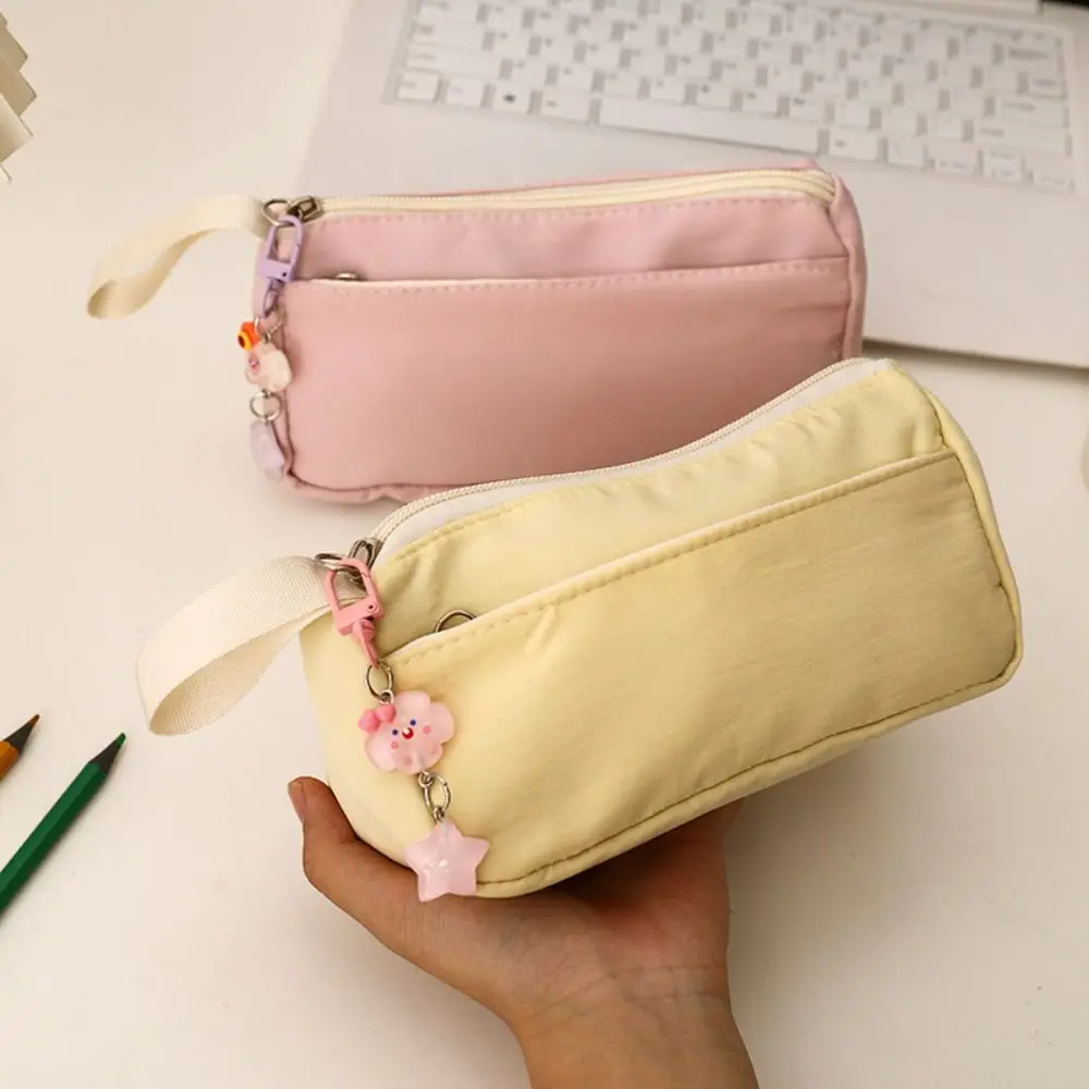 Simple Solid Color Pen Bag Double Layers Handheld Design Pencil Case Large Capacity Stationery Bag Back to School