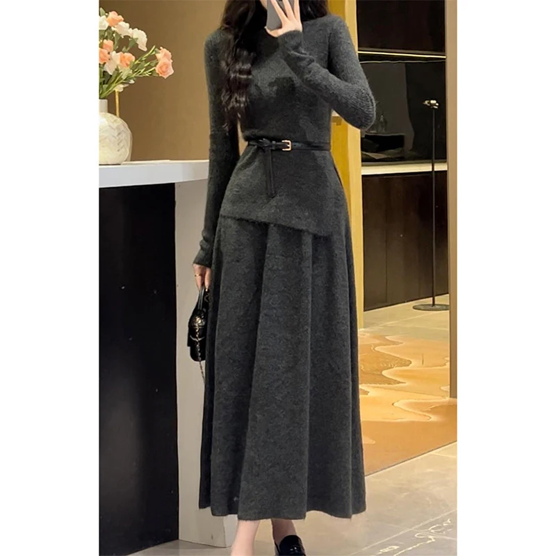 Knitted Base Dress Three Piece Set Women's French Hepburn Style Autumn And Winter New Dresses 2024 Women