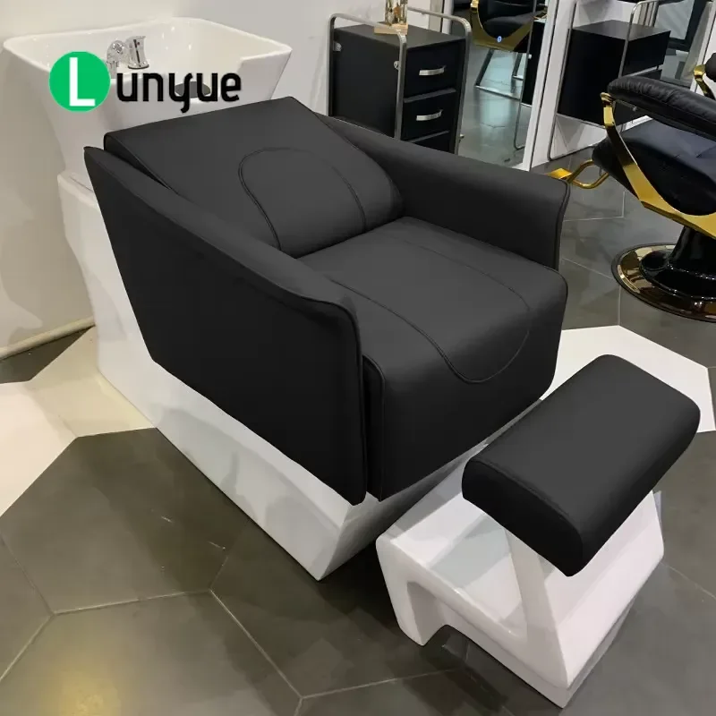 Modern Minimalist Synthetic Leather Shampoo Chair Stainless Steel Frame High Density Sponge Ceramic Basin Adjustable Foot