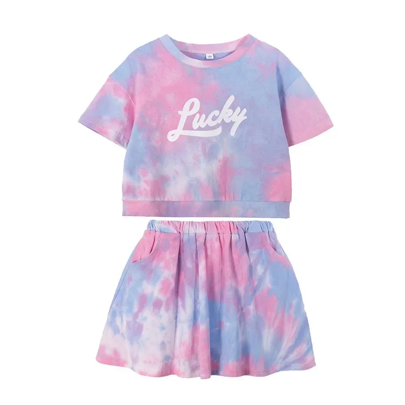 Summer Children Girl  Golf Tennis Clothes Set Kid Tie Dye Tshirts and Skirts 2 Pieces Suit Teenage Top Bottom Outfits Tracksuits