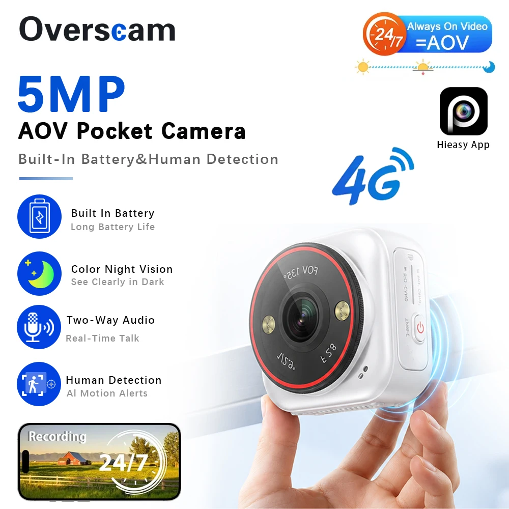 4G LTE 5MP Magnetic Mini Camera AOV Pocket Security Camera Built-in Rechargeable Battery Human Detection Hieasy Remote Access
