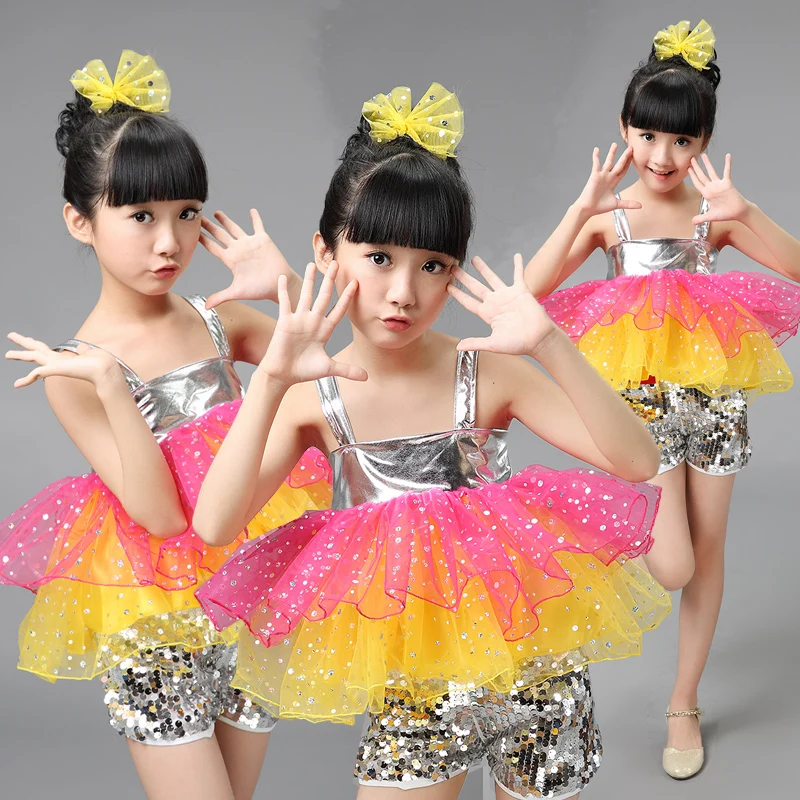 

Children Modern Dance Costumes Sequins Jazz Dance Clothing Set For Kids Girls Dance Outfit Stage Suit Cheerleader Dress