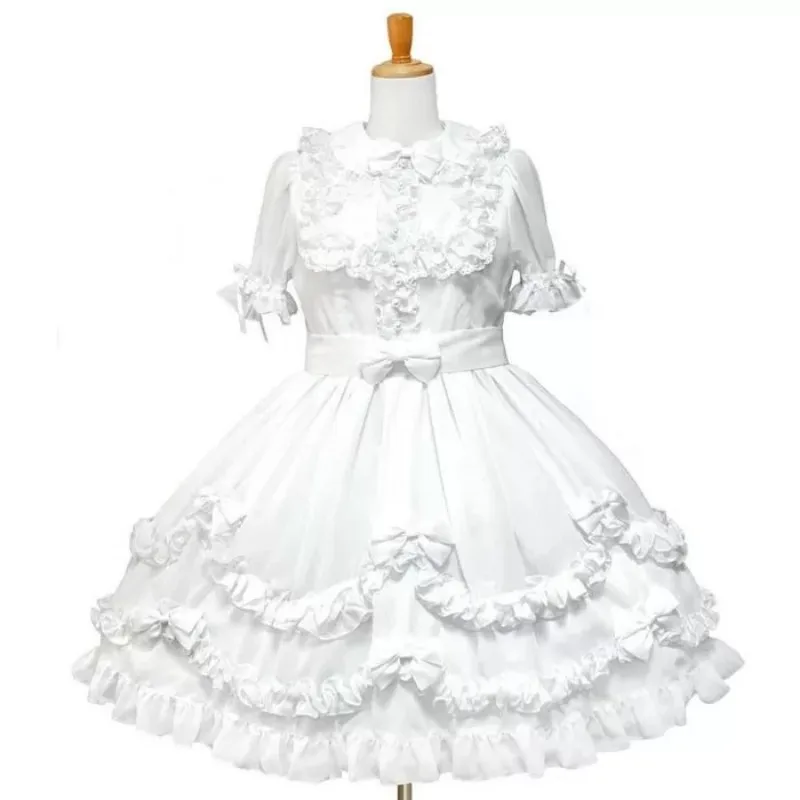 

White Gothic Lolita Satin Ruffle Bow Robe Puff Dress Maid Cosplay Costume Customized