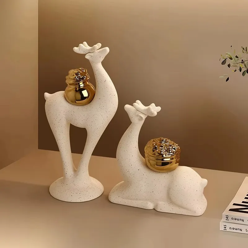 

Modern Chinese Creative White Sandstone Ceramic Deer Ornament Home Decor Living Room Office Desktop Housewarming Fortune Gift