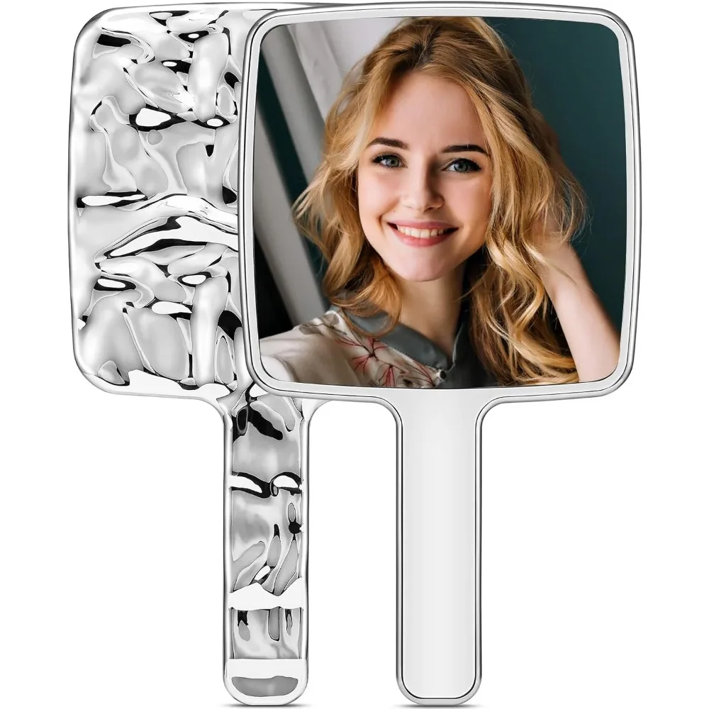 

Handheld Mirror, Water Ripples Hand Mirror with Handle for Make up, Square, Silver, Large 6 x 11 inches, Makeup Mirror