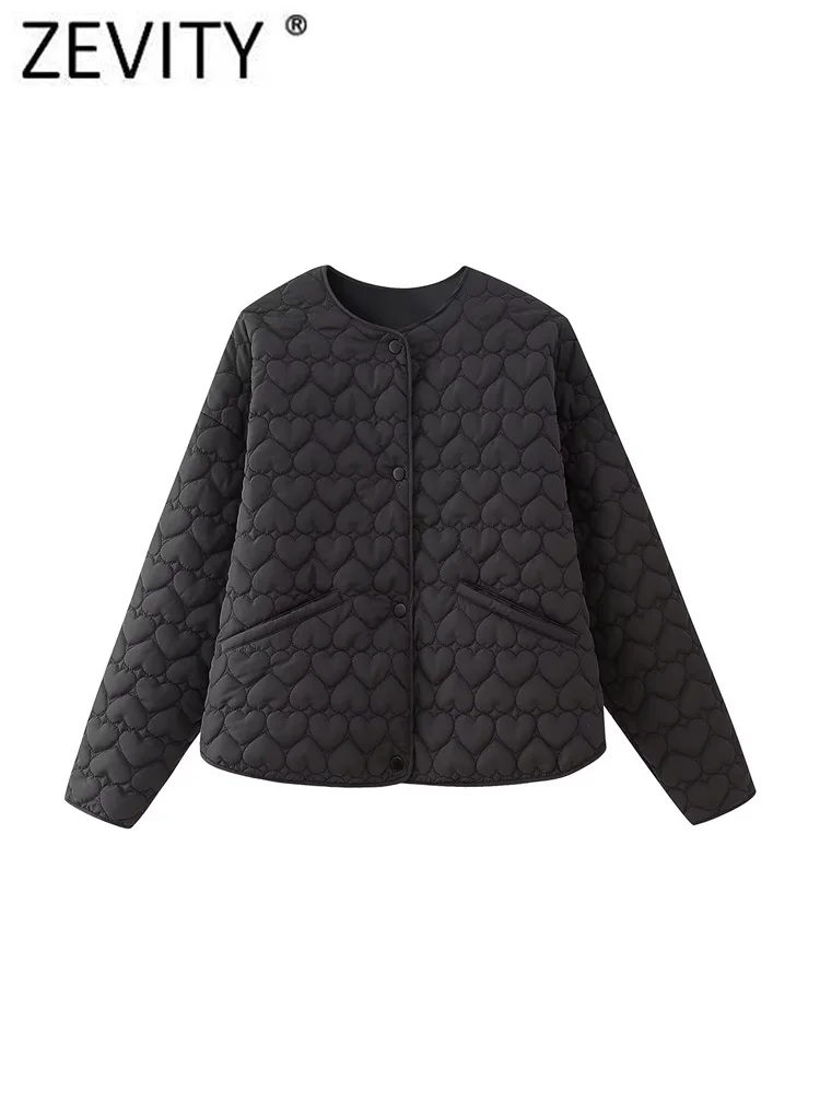 ZEVITY 2023 Women Fashion Heart Shaped Quilted Cotton Clothes Casual Jacket Female O Neck Long Sleeve Buttons Coat Tops CT5178