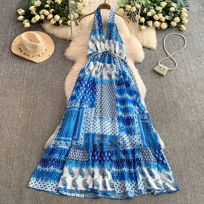 

Новое летнее французское сексуальное платье с V-образным вырезом и завязками на шее для женщин, синее, модное, повседневное, для отпуска, без рукавов, с открытой спиной, длинное, S430