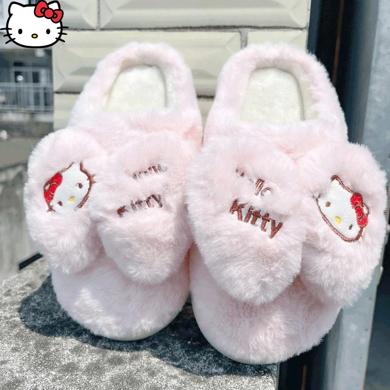 Sanrioed Hello Kitty Plush Slippers Women Kawaii Anime Winter Indoor Cotton Household Soft Cute Girl Student Sweet Thick Bottom