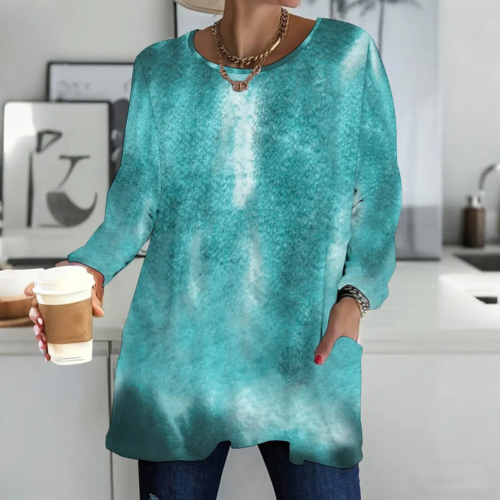Round Neck Long Sleeve Front Pockets Loose Fit Longline Printed Top for Women