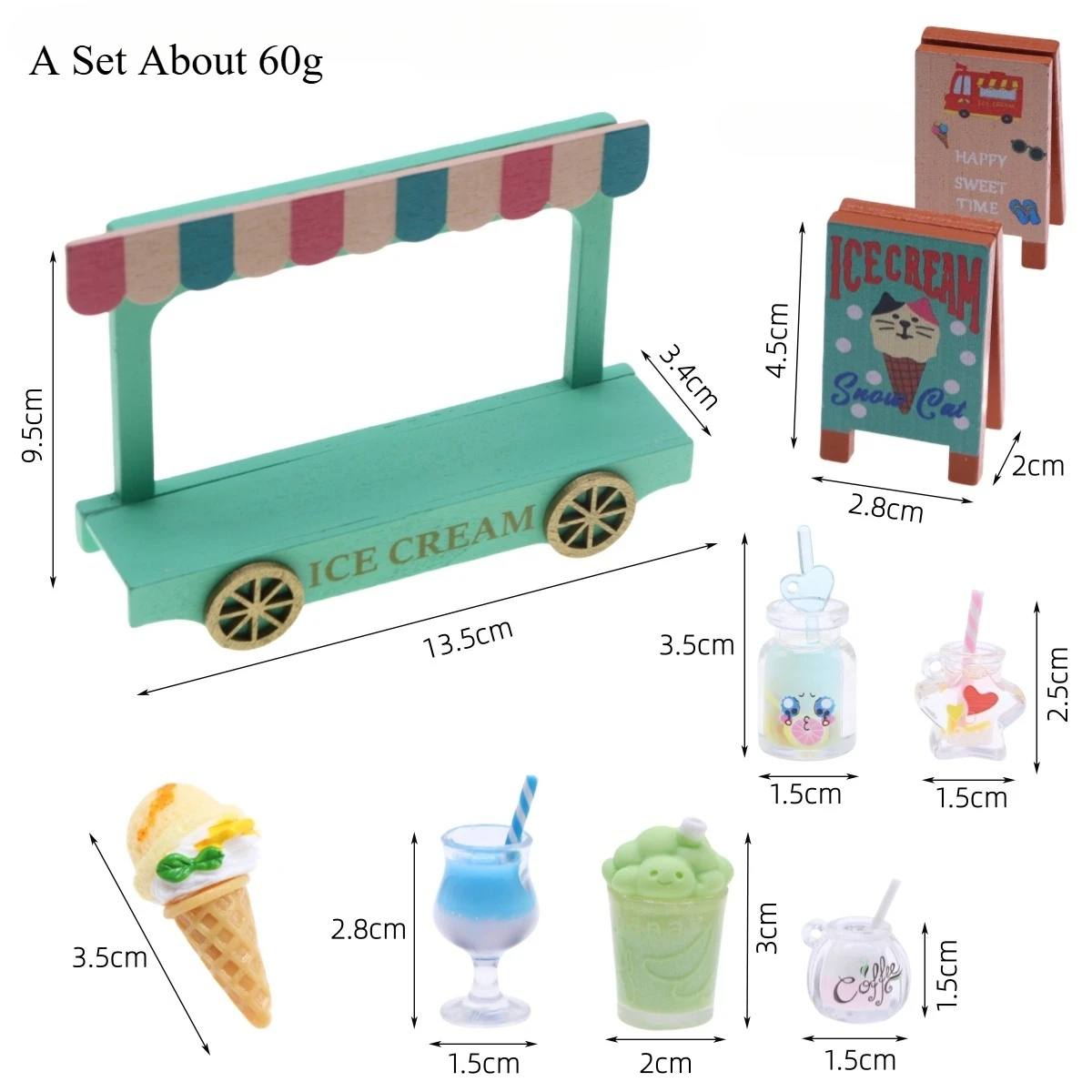 Miniature Dollhouse Wooden Ice Cream Cart, Zakka Summer Scene Photography Props & Model Accessories