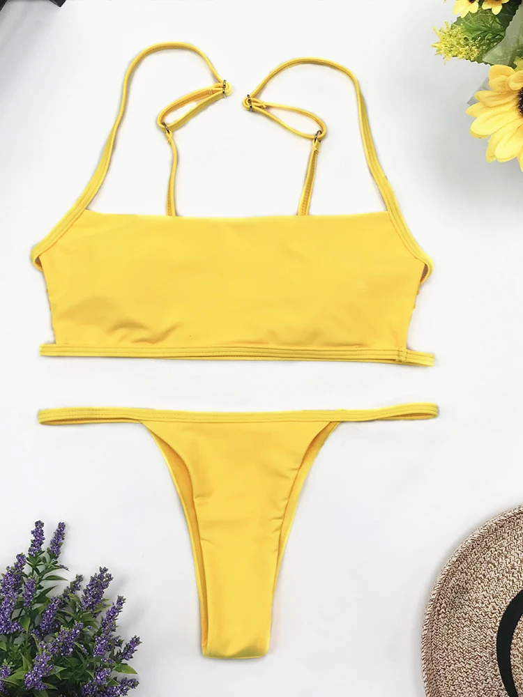 Maillot de bain sexy à rayures pour femmes, bustier tubulaire, culotte taille haute, ensemble deux pièces, dos nu, vêtements de plage brésiliens, été