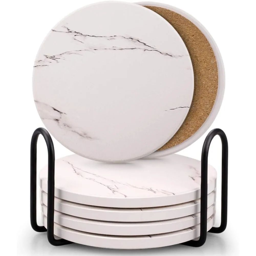 

Coasters For Drinks, Absorbent Ceramic Stone Coasters Set With Metal Holder Stand, Cork Base, Marble Surface Pattern, Cups Place