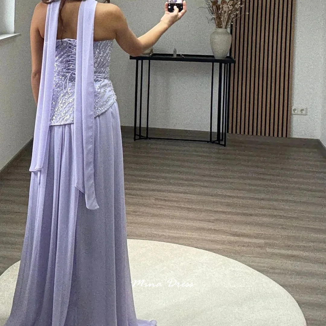 Mina Maßgeschneidertes lila arabisches Abendkleid Luxus elegante Partykleider Frau Schal Tube Top formelle Anlässe Kleider Perlen Abschlussball