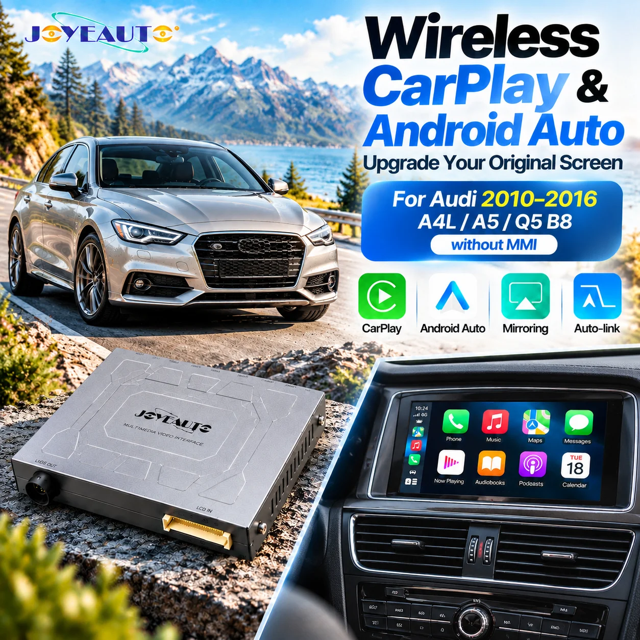 Wireless JoyeAuto CarPlay & Android Auto Retrofit Kit For Audi A4L A5 Q5 B8 2010-2016 without MMI AirPlay Screen Mirroring