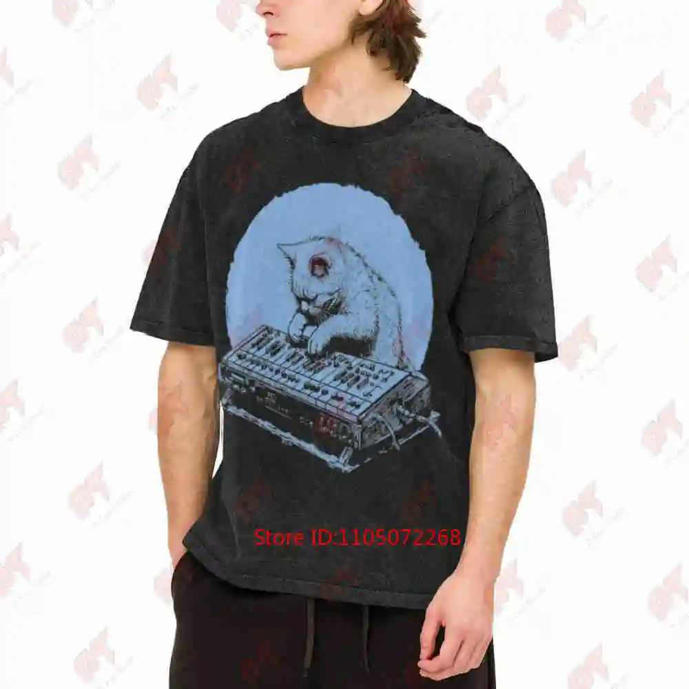 Synthesizer Cat Modular Synth Beat Maker Analog Vintage Washed Tee Pure Cotton T-Shirt