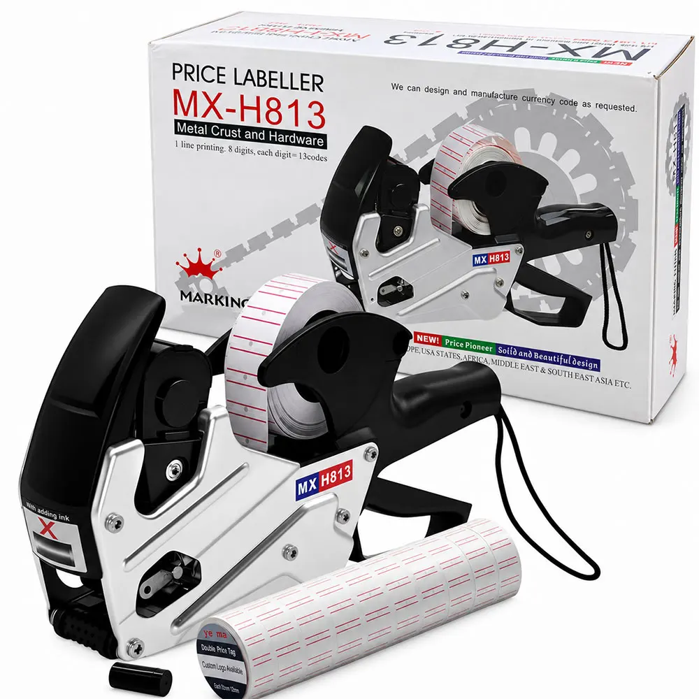 MX-H813 Metal Price Label Gun Set 8 Digit Adjustable Manual Pricing Machine with 10 Rolls 5000 Stickers 1 Ink Roller for Shops