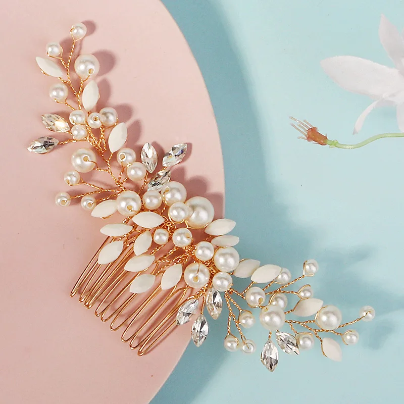 Neueste Gold handgemachte Perle Blume Haarkamm schöne Strass Haarspange Braut Kopfschmuck Hochzeit Zubehör – Detail 8