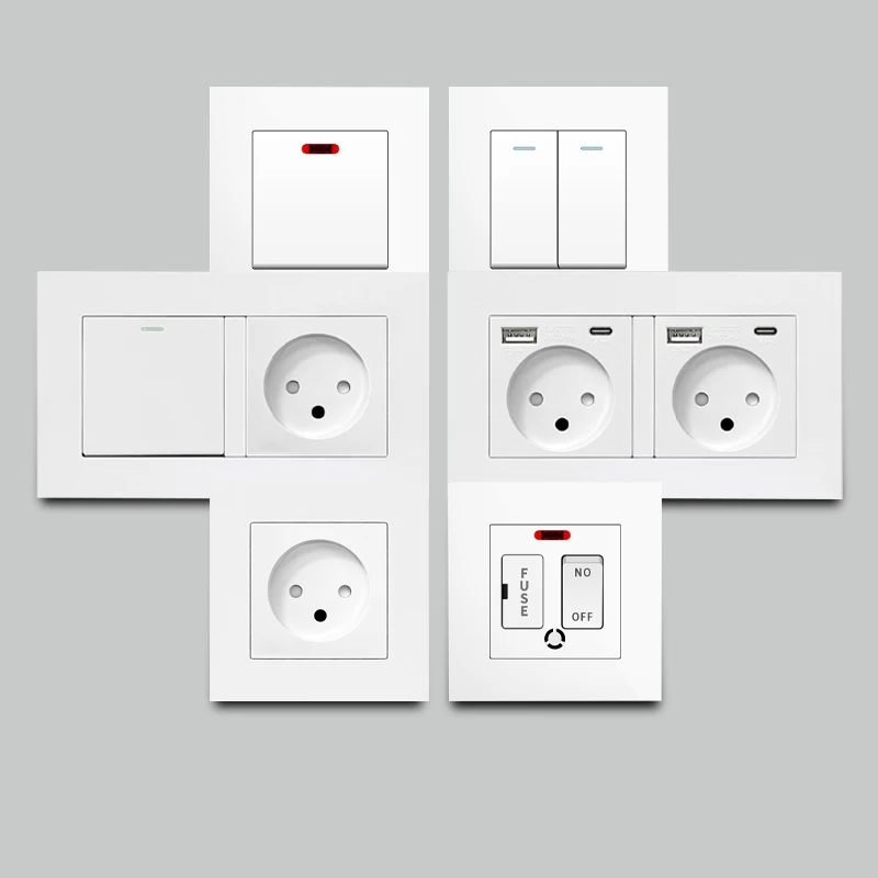 16A Israeli Wall-mounted Lamp with Wall Switch, USB C Charging Port, White PC Panel, Single or Double-hole Israeli Power Socket