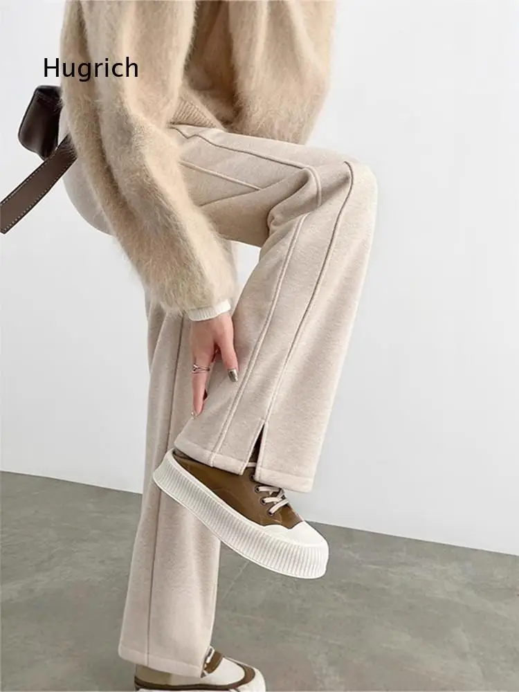 Human Pattern Fleece Lined Wide Leg Pants Autumn Winter New Casual Split Pants Straight Leg Slimming Narrow Version Banana Pant