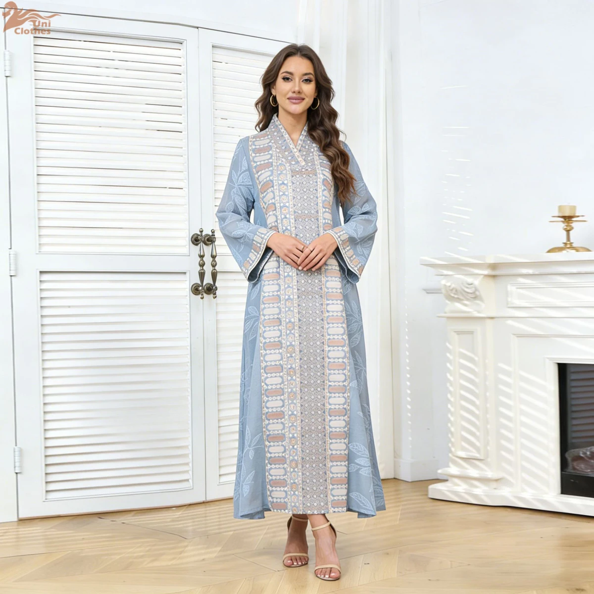 

Ramadan Dubai Embroidery Maxi Dress V-Neck Sequins Patchwork Abaya Muslim Elegant Women Evening Dress