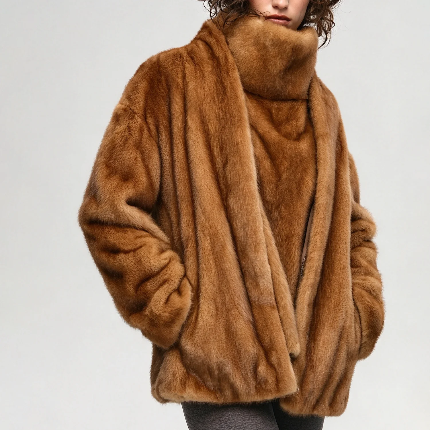 LIMO Women Faux Mink Fur Open Coat High Neck Furry Top 2 Piece Winter Outfit Set