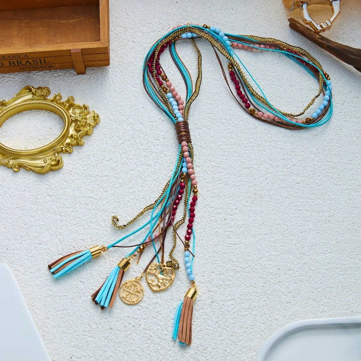 Boho Mehrschichtige Kristall-Langketten-Halskette für Damen und Herren Vintage Ethnische Bunte Perlen-Seilkette Quasten-Choker Reiseschmuck – Detail 24