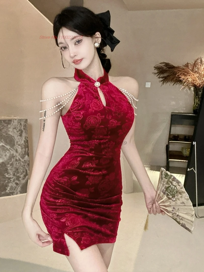

2025 traditional sexy dress velvet jacquard cheongsam retro evening dress chinese sexy nightclub cheongsam banquet party dress