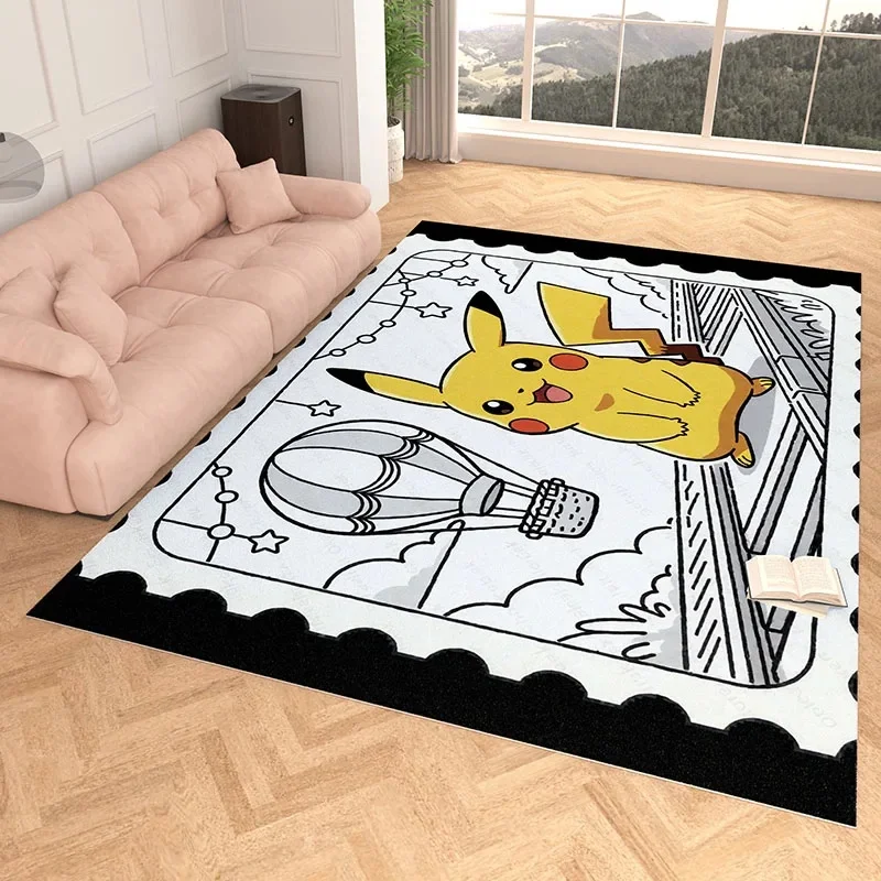 Area Rug, Faux Cashmere, Pikachu 3D Print, Soft Water Absorbent, Cute Sketch Cartoon Bedroom Floor Carpet