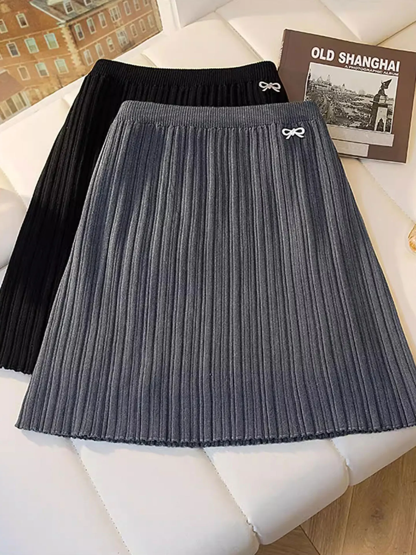 

Knot f-length Knitted Pleated Skirt Women's plus Size Autumn Winter High-waist A-line ort Skirts Faionable Casual