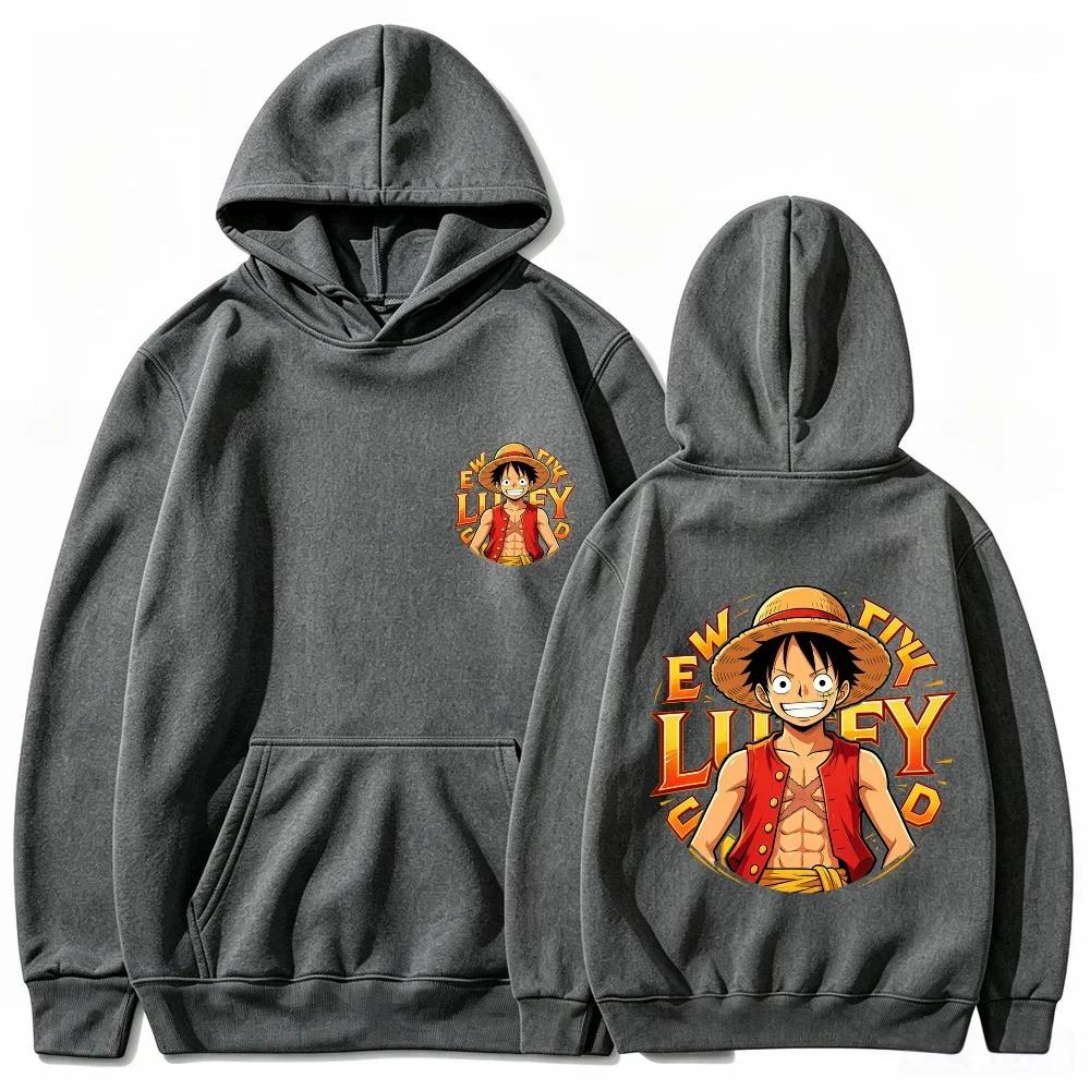 Anime One Piece Luffy Two Sides Print Hoodie, Unisex Monkey D Luffy Character Pullover, Loose Long Sleeve Street Sweatshirt