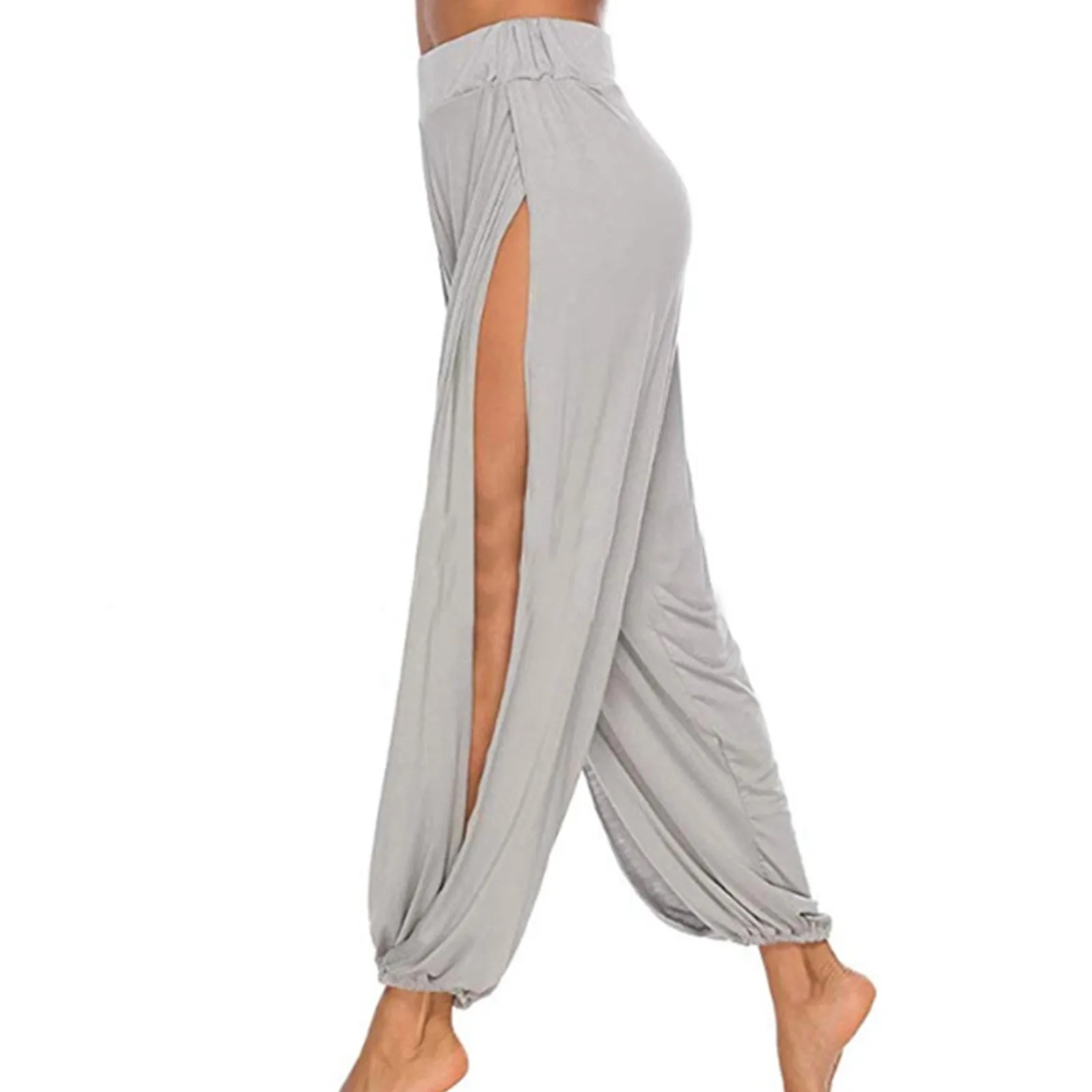 Calças de Yoga Feminina de Cintura Alta Fenda Lateral Calças Harem de Perna Larga Leggings de Ginásio Calças Ocas Sólidas de Treino Streetwear de