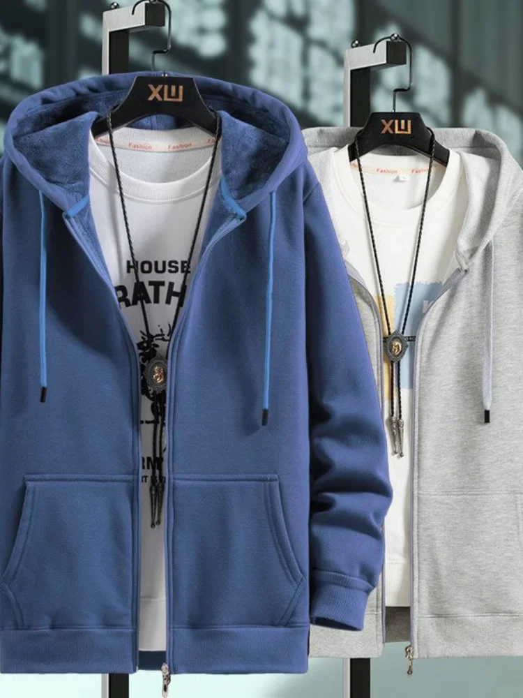 

Men's Hooded Zipper Cardigan Fleece Lined Thickened Loose plus Size Trendy Outerwear Top Autumn Winter Style Casual Sweatshirt