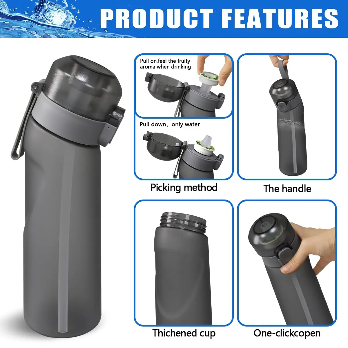 Air Water Up Bottle 650ml Scent Water Bottle with 7 Flavor Pods Leak Proof Sports Water Cup with Straw for Gym Outdoor